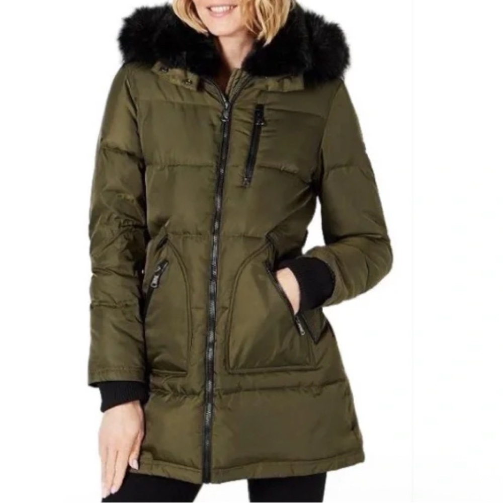 Vince Camuto Puffer Coat Women Fur Mid-Length Fitted Olive Down Hooded Jacket